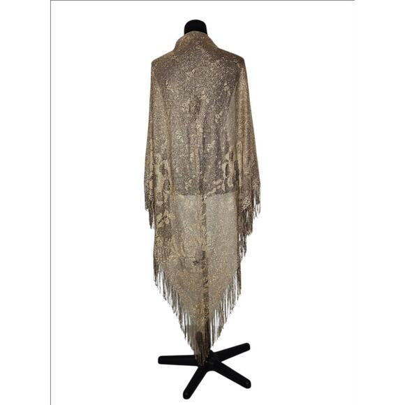 Vtg Gold Metallic Lace Triangle Shawl Wrap Fringe Scarf Boho Evening 68x61x61